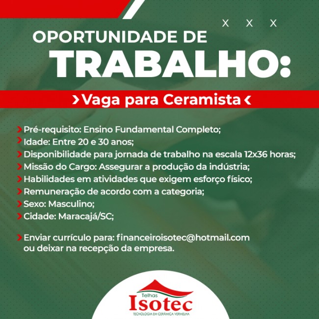 Oportunidade de trabalho: Vaga para Ceramista