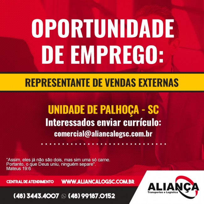 Oportunidade de emprego: Representante de vendas externas - Palhoça - SC