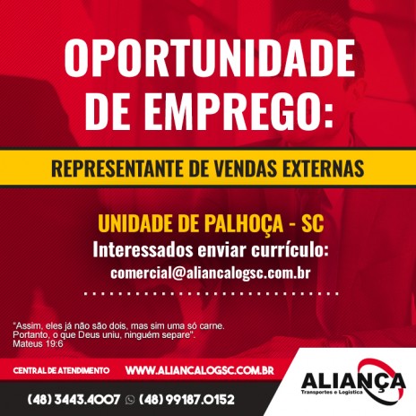 Oportunidade de emprego: Representante de vendas externas - Palhoça - SC