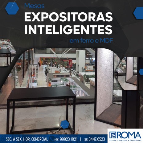Mesas expositoras inteligentes em ferro e MDF