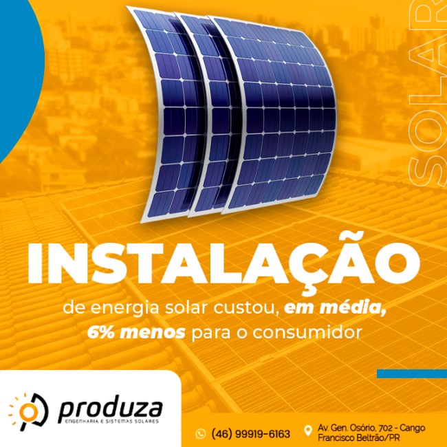 Instalação de energia solar custou, em média, 6% menos para o consumidor