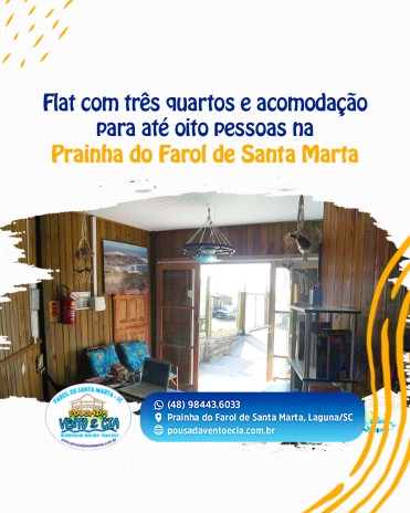 Flat com três quartos e acomodação para até oito pessoas, na Prainha do Farol de Santa Marta