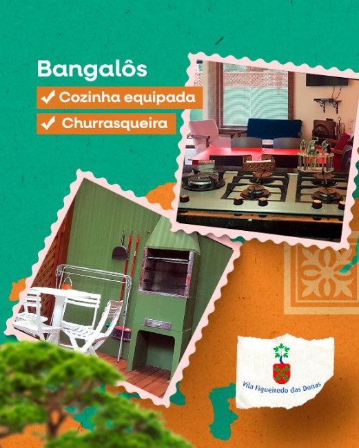 Bangalôs com cozinha equipada e churrasqueira